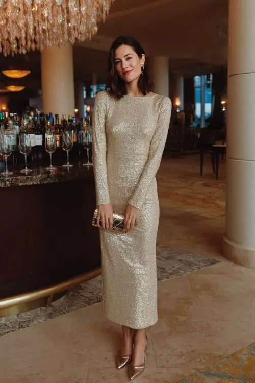 A woman standing under sparkling chandeliers in a champagne sequined dress with long sleeves and a subtle mermaid silhouette, paired with metallic pumps and a beaded clutch
