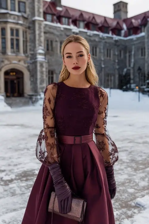 A woman walking across a snowy courtyard in a wine-colored fit-and-flare dress with embroidered mesh sleeves and a satin waistband
