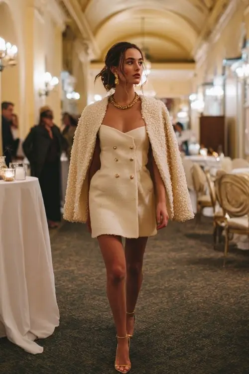 A woman walking through a candlelit reception hall in a short cream boucle dress with gold buttons and a dramatic cape overlay
