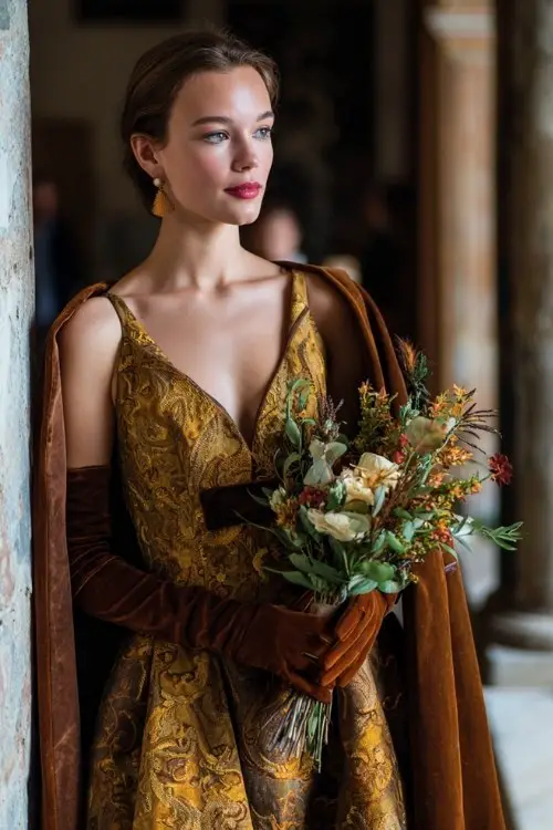 A woman walking through a historic church corridor in a gold-thread embroidered gown with a cape-style overlay and long velvet gloves