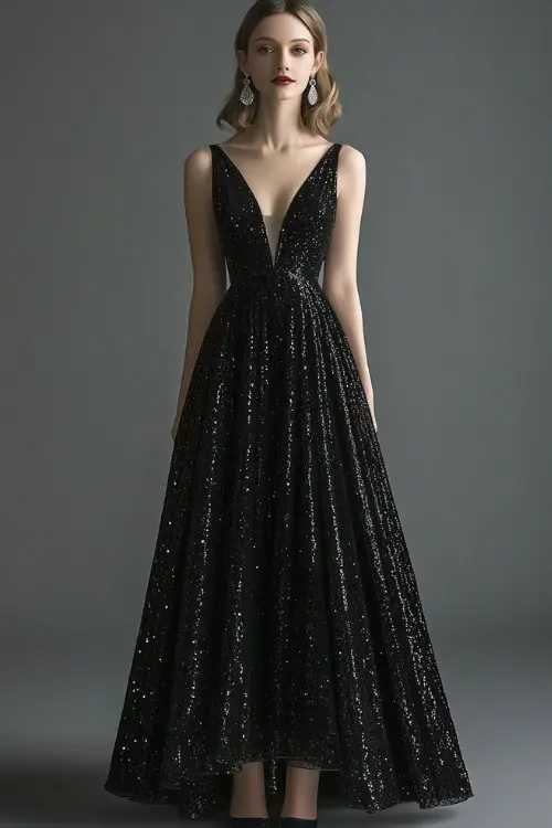 A woman wearing a black sequined evening dress with a modest V-neckline and flared skirt, accessorized with silver earrings and heels,