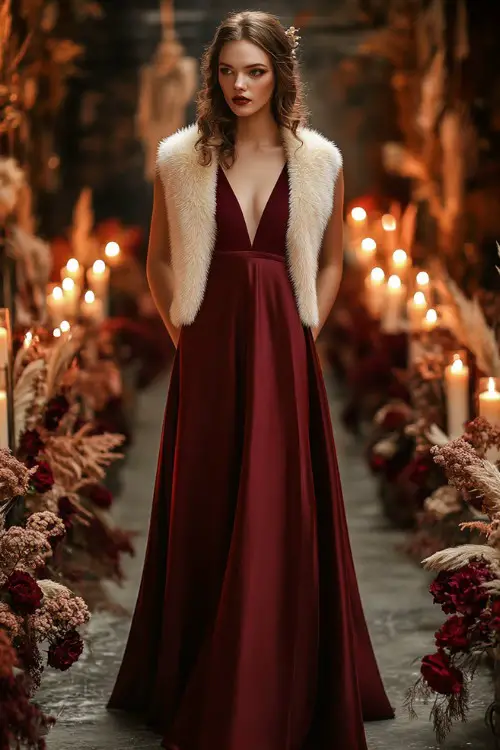 A woman wearing a burgundy satin A-line dress with a V-neckline, complemented by a cream faux fur stole over her shoulders