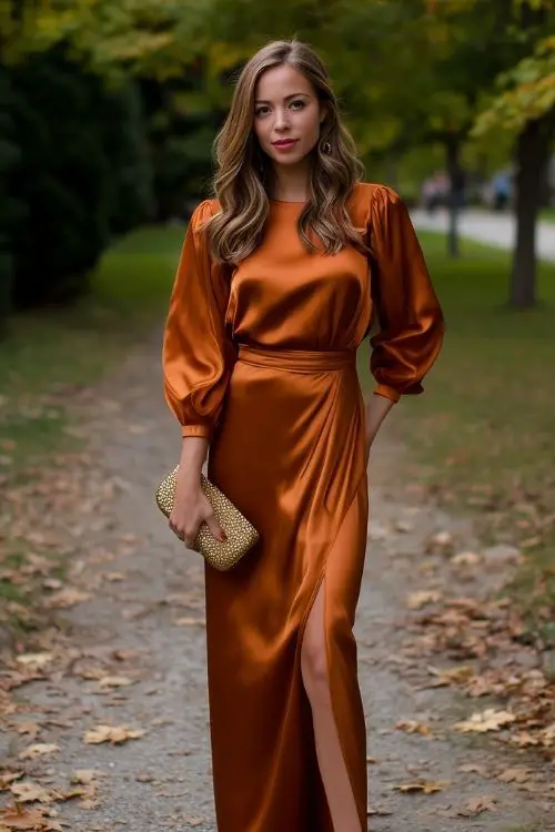 A woman wearing a copper satin maxi dress with long cuffed sleeves and a side slit, paired with heels and a clutch