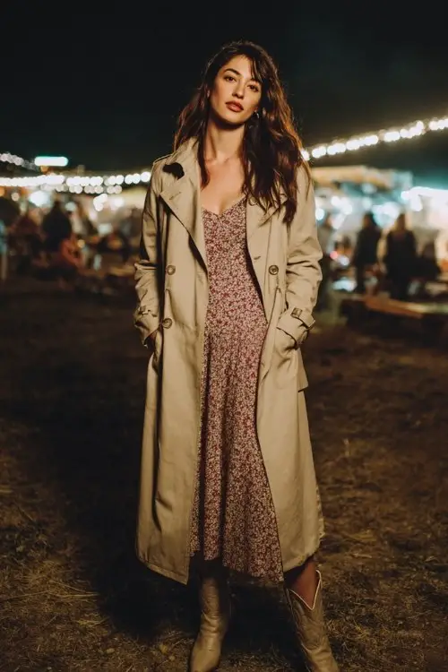 A woman wearing a long neutral trench coat layered over a floral midi dress and cowboy boots, standing outdoors at night with festival lights glowing behind her