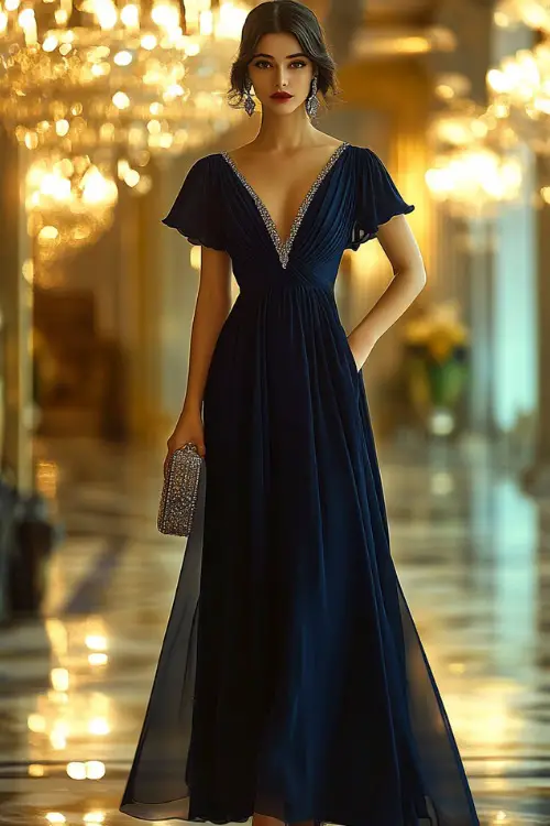 A woman wearing a navy blue empire-waist gown with flutter sleeves, an embellished V-neckline, and a flowing chiffon skirt