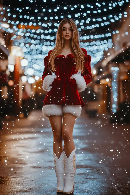 A woman wearing a red velvet romper dress with puffed sleeves and white cowboy boots