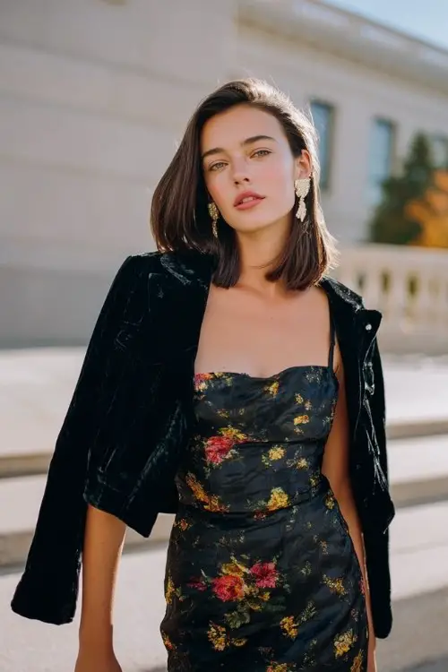 A woman wears a black jacquard floral dress with, paired with a velvet cropped jacket