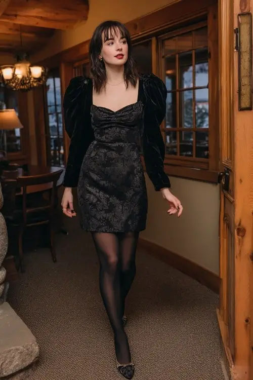 A woman wears a black jacquard floral dress with puff sleeves, paired with a velvet cropped jacket, sheer black tights, and Mary Jane heels
