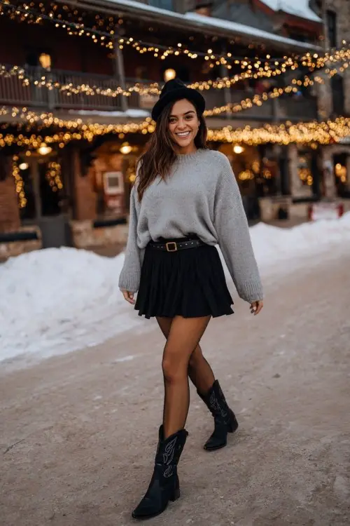 A woman wears a black pleated mini skirt with tights, short black cowboy boots, and a soft gray oversized sweater