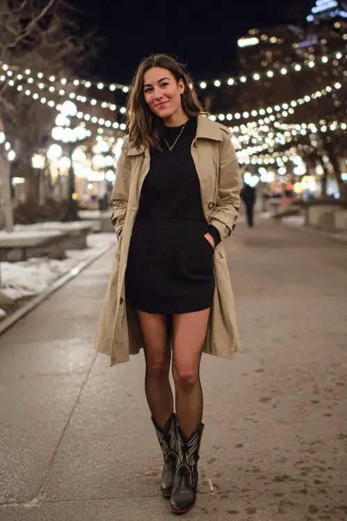 A woman wears a black sweater dress with black tights and short cowboy boots, styled with a trench coat