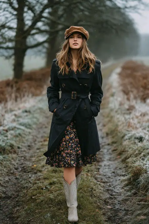 A woman wears a black trench coat over a floral midi dress, styled with tall white cowboy boots and a wool beret (2)