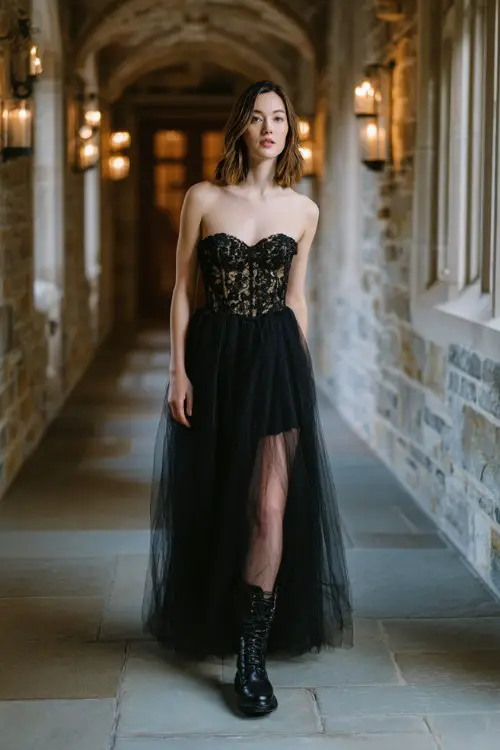 A woman wears a black tulle gown with lace appliqué bodice, styled with polished leather boots