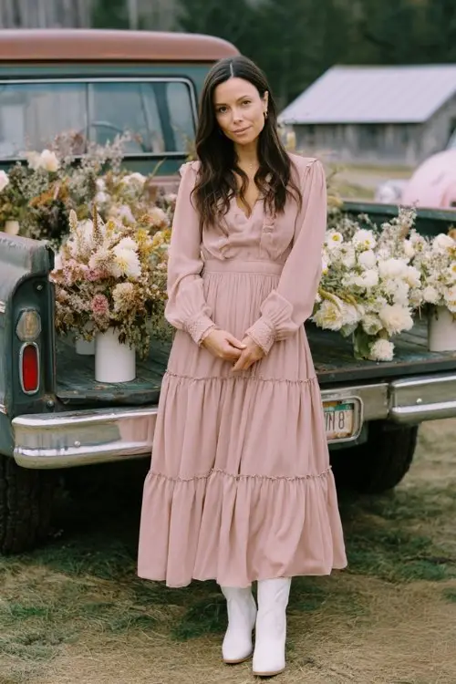 A woman wears a blush pink long-sleeve chiffon dress with a tiered skirt, paired with white cowboy boots