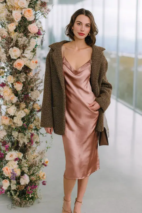 A woman wears a blush satin midi slip dress with a draped neckline, paired with a boxy tweed jacket and strappy heels