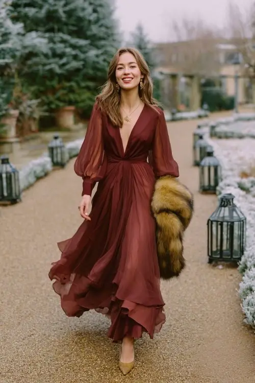 A woman wears a burgundy chiffon gown with full-length blouson sleeves, layered skirt, and a cinched waist, paired with dark gold heels and a faux fur stole