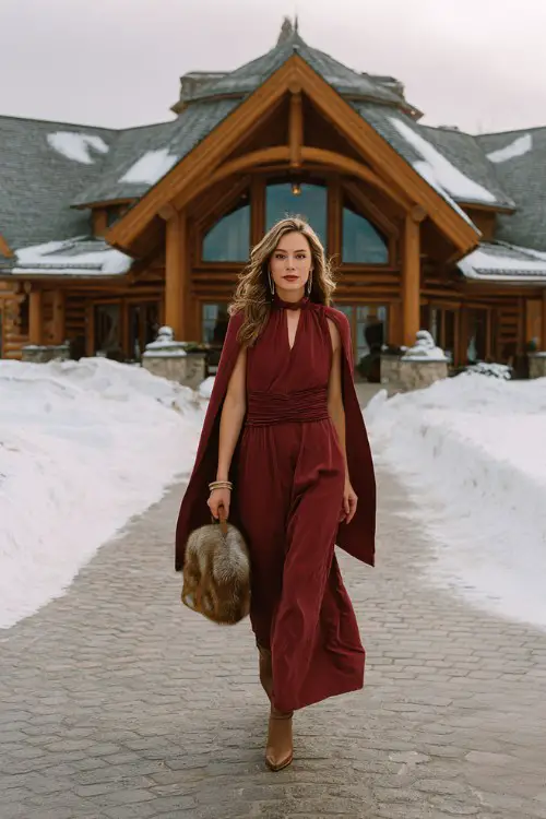 A woman wears a burgundy maxi dress with a keyhole neckline and cape sleeves, accessorized with pointed-toe boots and a faux fur muff