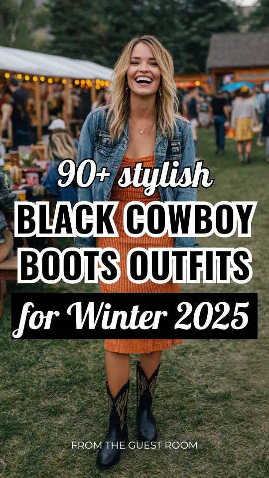 A woman wears a burnt orange ribbed dress, a denim jacket with black cowboy boots outfit for winter