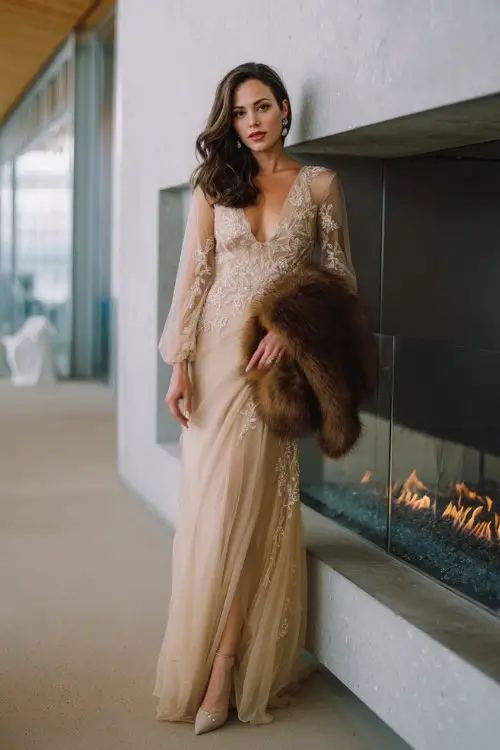 A woman wears a champagne-colored gown with long sheer sleeves, delicate embroidery, and a softly flowing hem