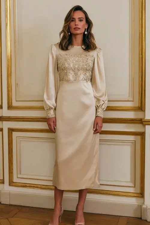 A woman wears a champagne-colored long-sleeve gown with beaded embroidery across the chest and cuffs, paired with pearl drop earrings and satin heels