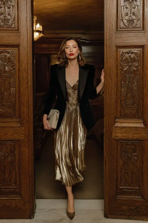 A woman wears a champagne pleated midi dress with metallic sheen, paired with a tailored black velvet blazer and low heels