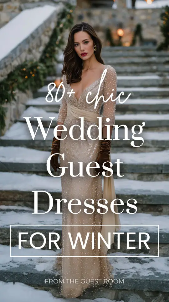 A woman wears a champagne sequin gown with sheer sleeves and a cowl back, layered with a silk scarf and suede glove