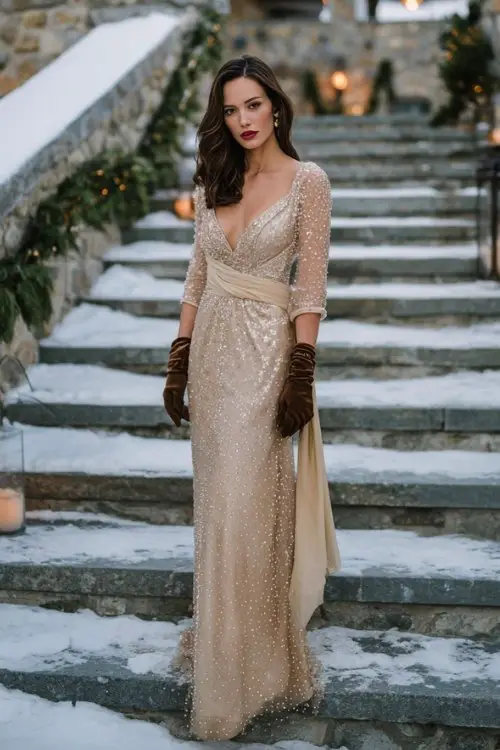 A woman wears a champagne sequin gown with sheer sleeves and a cowl back, layered with a silk scarf and suede glove