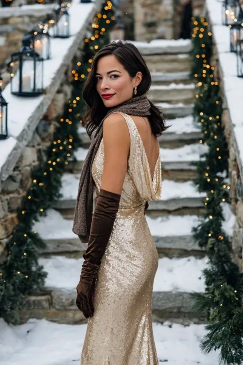 A woman wears a champagne sequin gown with sheer sleeves and a cowl back