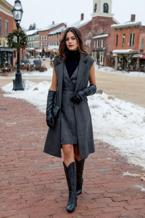 A woman wears a charcoal gray midi coat over a high-neck winter dress, paired with tall sleek cowboy boots and leather gloves