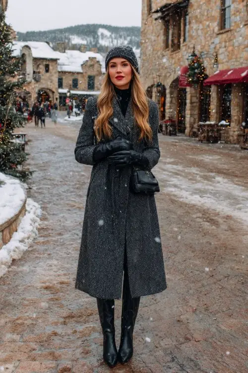 A woman wears a charcoal gray midi coat over a high-neck winter dress, paired with tall sleek cowboy boots and leather gloves