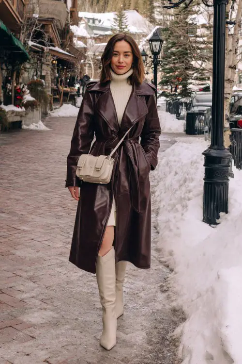 A woman wears a chocolate brown leather trench coat over a cream turtleneck sweater dress, styled with tall beige cowboy boots and a structured shoulder bag
