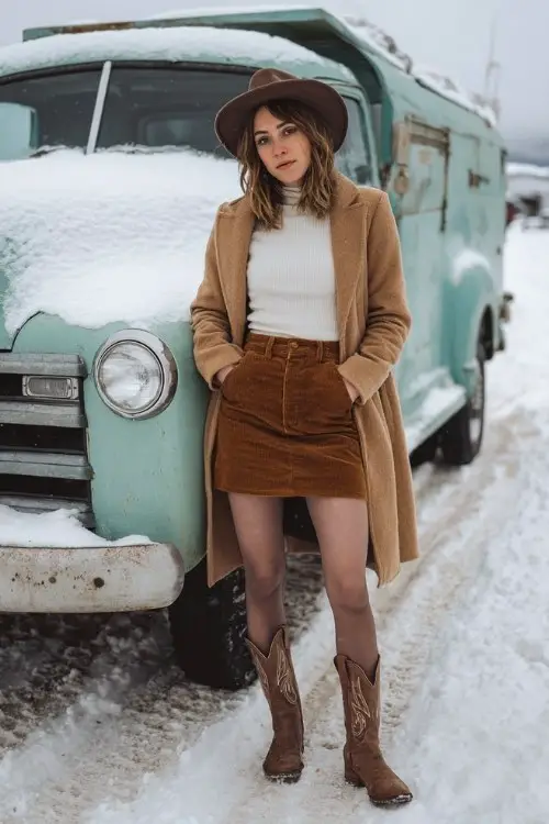 A woman wears a corduroy mini skirt and opaque tights with short brown cowboy boots, layered with a fitted thermal top and a long camel coat