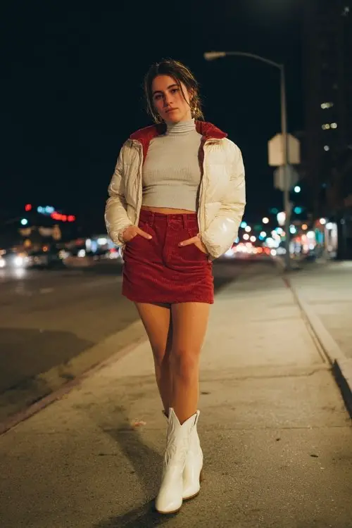 A woman wears a corduroy mini skirt with opaque tights, short white cowboy boots, a high-neck fitted top, and a cropped puffer jacket