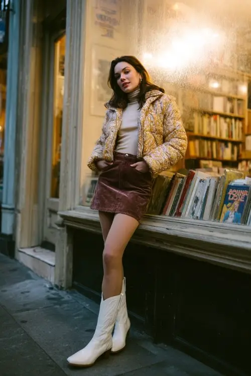 A woman wears a corduroy mini skirt with opaque tights, short white cowboy boots, a high-neck fitted top, and a cropped puffer jacket