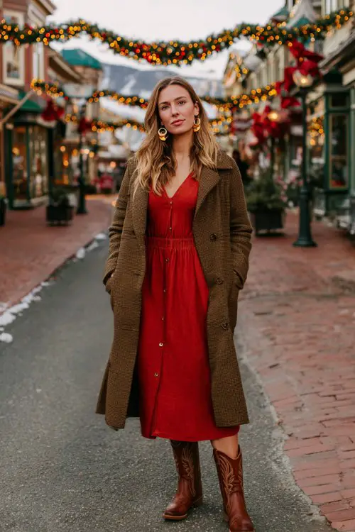 A woman wears a cozy red knit midi dress layered with a tailored wool coat, paired with brown leather cowboy boots and gold hoop earrings