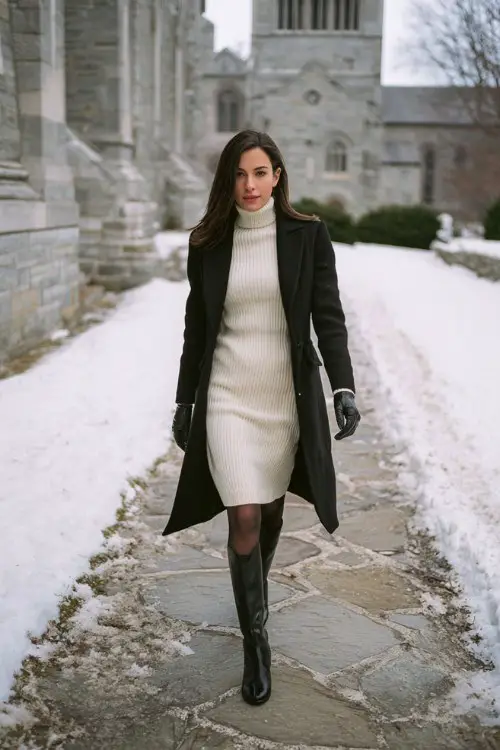 A woman wears a cream sweater dress with black tights and black cowboy boots, topped with a structured black overcoat and gloves