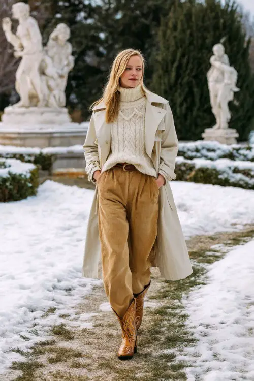 A woman wears a cream trench coat layered over a cable-knit sweater and wide-leg wool trousers, tucked into embroidered tan cowboy boots