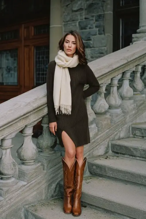 A woman wears a dark olive midi sweater dress with a side slit, cream scarf, and tall chestnut cowboy boots