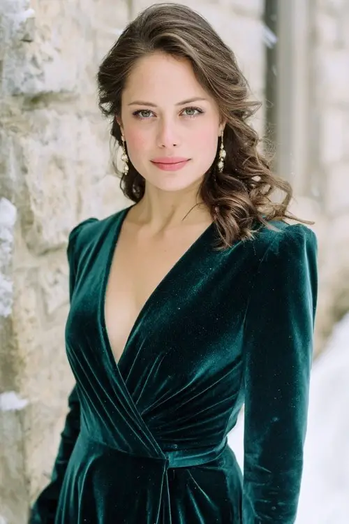 A woman wears a deep forest green velvet gown with a wrap-style front, full-length sleeves, and a subtle train, paired with delicate gold earrings and soft curls
