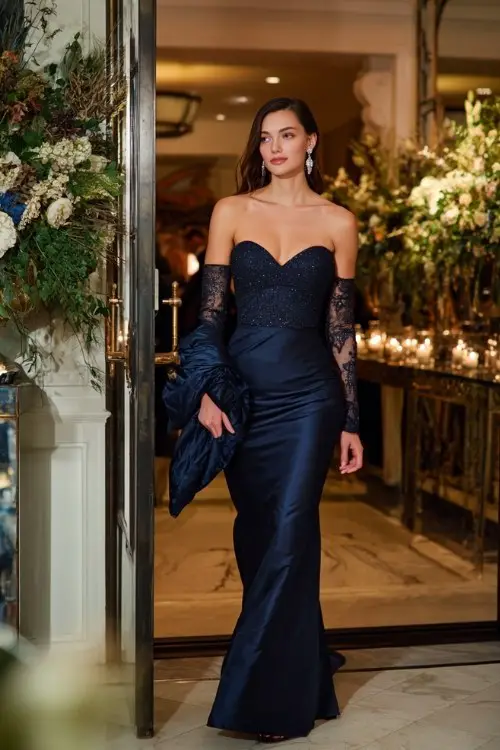 A woman wears a deep navy mermaid gown with long lace sleeves and subtle sparkle, accessorized with a quilted satin wrap and diamond earrings