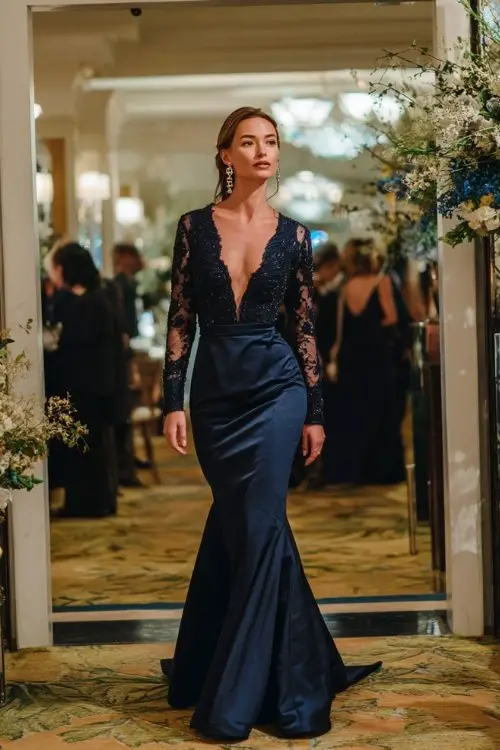 A woman wears a deep navy mermaid gown with long lace sleeves and subtle sparkle, accessorized with a quilted satin wrap and diamond earrings