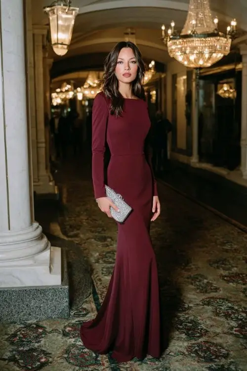 A woman wears a deep wine red crepe gown with a clean, fitted silhouette, long sleeves with buttoned cuffs, and a slight train, styled with minimal heels and a crystal clutch