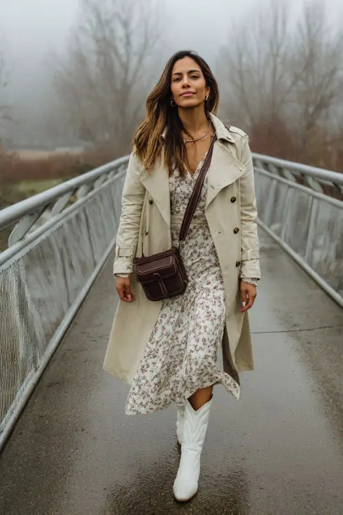 A woman wears a double-breasted trench coat open over a floral dress