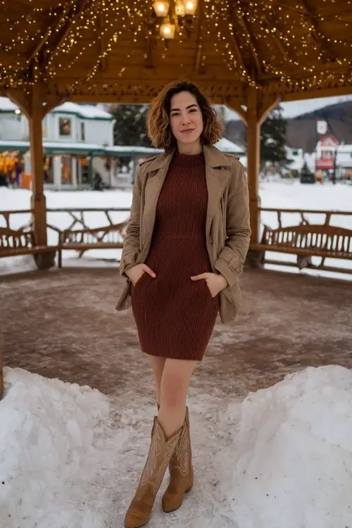 A woman wears a fitted sweater dress in burgundy with long sleeves, styled with tall brown cowboy boots and a blazer