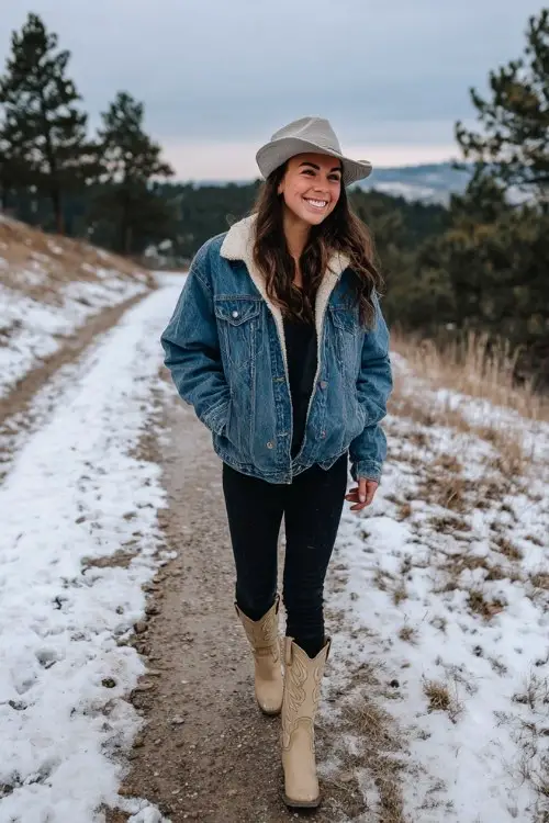 A woman wears a fleece-lined denim jacket, black jeans, and beige cowboy boots