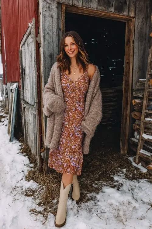 A woman wears a floral midi dress in warm brown tones, layered with a cozy oversized cardigan and short beige cowboy boots