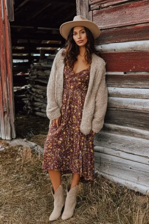 A woman wears a floral midi dress in warm brown tones, layered with a cozy oversized cardigan and short beige western boots