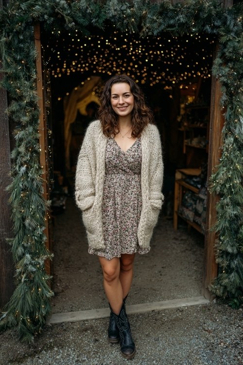 A woman wears a floral midi dress layered with a thick wool cardigan and short black cowboy boots