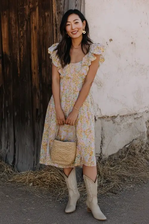 A woman wears a floral midi dress with flutter sleeves and beige cowboy boots, styled with a crossbody straw bag and delicate gold earrings