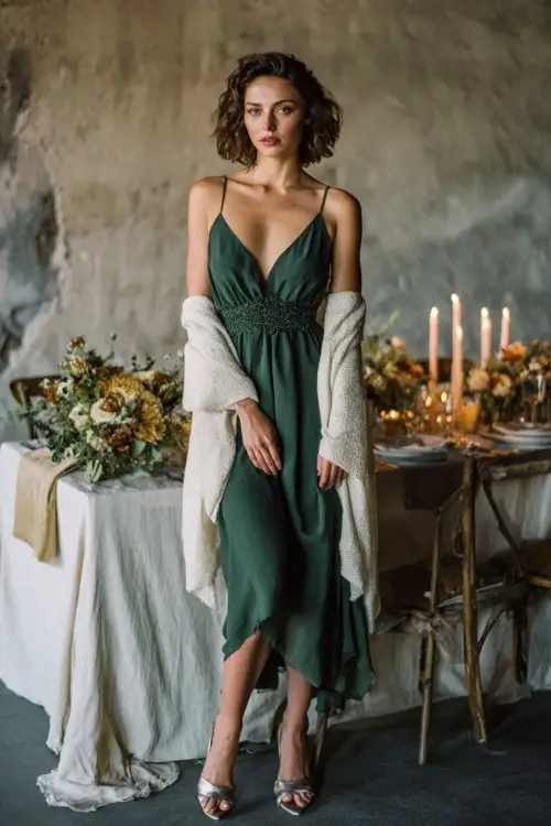 A woman wears a forest green dress with a chiffon overlay and beaded waist detail, topped with a soft ivory shawl and metallic heels