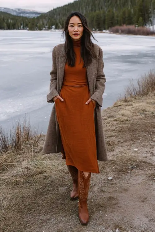 A woman wears a high-neck midi dress in a warm rust tone, styled with tall western boots and a structured wool coat
